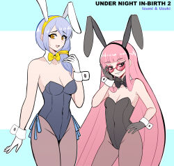 Rule 34 | 1girl, 2girls, animal ears, black leotard, blue ribbon, blush, bow, bowtie, breasts, character name, cleavage, copyright name, covered navel, detached collar, fake animal ears, glasses, gloves, grey hair, hairband, highres, izumi (under night in-birth), leotard, long hair, looking at viewer, multiple girls, navel, open mouth, pantyhose, pink-framed eyewear, pink-tinted eyewear, pink hair, playboy bunny, rabbit ears, red seiryu, ribbon, semi-rimless eyewear, side ponytail, simple background, small breasts, smile, strapless, strapless leotard, tinted eyewear, traditional bowtie, under-rim eyewear, under night in-birth, under night in-birth 2 sys:celes, uzuki (under night in-birth), wrist cuffs, yellow eyes, yellow hairband
