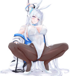 Rule 34 | 1girl, absurdres, alternate costume, animal ears, bare shoulders, blue archive, blue eyes, blue nails, blush, breasts, brown pantyhose, covered navel, fake animal ears, fake tail, full body, hair ornament, hairband, halo, high heels, highres, jacket, large breasts, leotard, long hair, long sleeves, looking at viewer, nail polish, noa (blue archive), off shoulder, open clothes, open jacket, pantyhose, parted lips, playboy bunny, pole, rabbit ears, rabbit tail, revision, smile, solo, spread legs, squatting, stripper pole, tail, thighs, white footwear, white hair, white hairband, white jacket, white leotard, yoru0409