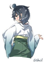 Rule 34 | 10s, 1girl, bad id, bad twitter id, black hair, blue eyes, blush, ebifurya, from behind, green eyes, green skirt, hand on own hip, hat, highres, inactive account, japanese clothes, kantai collection, kimono, looking at viewer, matsukaze (kancolle), meiji schoolgirl uniform, mini hat, mini top hat, short hair, simple background, skirt, skirt set, smile, solo, swept bangs, top hat, tsurime, wavy hair, white background, wide sleeves