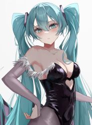 Rule 34 | 1girl, bare shoulders, black leotard, black pantyhose, blue eyes, blue hair, blush, breasts, bridal gauntlets, cleavage, clothing cutout, collarbone, commission, cosplay, cropped, elbow gloves, gloves, grey gloves, hair between eyes, hair ornament, hand on own hip, hatsune miku, head tilt, highleg, highleg leotard, highres, kawasuru (15miclon), leotard, long hair, looking at viewer, medium breasts, morrigan aensland, morrigan aensland (cosplay), pantyhose, parted lips, pixiv commission, raised eyebrows, sidelocks, simple background, solo, stomach cutout, strapless, strapless leotard, teeth, twintails, upper body, vampire (game), very long hair, vocaloid, white background