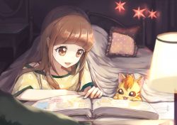 Rule 34 | 1girl, baicha oqqa, bed, blanket, book, bra strap, brown eyes, brown hair, commentary request, curtains, desk lamp, floral print, hair down, hair over shoulder, healin&#039; good precure, highres, hiramitsu hinata, indoors, lamp, long hair, looking at another, lower teeth only, lying, nyatoran (precure), on stomach, open book, open mouth, pajamas, photo (object), photo album, pillow, pointing, polka dot pillow, precure, round teeth, shared blanket, smile, teeth, under covers, yellow pajamas