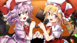 Rule 34 | 2girls, absurdres, ascot, bat wings, black wings, blonde hair, blush, bow, brooch, brown eyes, checkered floor, collared shirt, commentary request, crystal, fang, flandre scarlet, frilled shirt collar, frilled skirt, frills, hair between eyes, hat, hat bow, highres, holding, holding hands, holding microphone, indoors, interlocked fingers, jewelry, long hair, looking at viewer, microphone, mob cap, multiple girls, noa (nagareboshi), one side up, open mouth, pointy ears, puffy short sleeves, puffy sleeves, purple hair, purple headwear, purple shirt, purple skirt, red ascot, red bow, red eyes, red skirt, red vest, remilia scarlet, shirt, short sleeves, siblings, single wrist cuff, sisters, skirt, table, touhou, vest, white headwear, white shirt, wings, wrist cuffs, yellow ascot