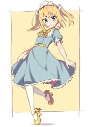 Rule 34 | 1girl, absurdres, amaryllis gumi, belt, belt buckle, blonde hair, blue dress, blue eyes, blush, bow, brown background, buckle, closed mouth, clothing cutout, dress, frilled dress, frills, head tilt, heart, heart cutout, highres, kotohara hinari, pantyhose, puffy short sleeves, puffy sleeves, shadow, shoes, short sleeves, smile, solo, standing, standing on one leg, tama (tama-s), tiptoes, twintails, two-tone background, v-shaped eyebrows, virtual youtuber, white background, white pantyhose, yellow belt, yellow bow, yellow footwear