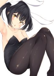 Rule 34 | 1girl, animal ears, bare shoulders, black hair, black pantyhose, blush, breasts, brown eyes, collarbone, commentary request, fake animal ears, fate/grand order, fate/kaleid liner prisma illya, fate (series), hair ornament, highres, leotard, looking at viewer, medium breasts, miyu edelfelt, open mouth, pantyhose, playboy bunny, rabbit ears, rabbit hair ornament, simple background, siroimo0828, small breasts, solo, white background