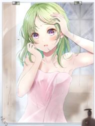 Rule 34 | 1girl, armpits, blush, breasts, bruise, bruise on face, cleavage, collarbone, green hair, hand in own hair, injury, long hair, looking at viewer, materu (2532), mirror, naked towel, open mouth, original, parted bangs, pink towel, purple eyes, small breasts, soap bottle, solo, standing, towel, wavy mouth