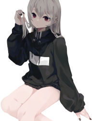 Rule 34 | 1girl, absurdres, bad id, bad pixiv id, black jacket, black nails, closed mouth, drawstring, eyebrows hidden by hair, fingernails, grey hair, hair between eyes, hand up, highres, jacket, long sleeves, looking at viewer, nail polish, ogami ren, original, red eyes, simple background, sitting, sleeves past wrists, solo, white background