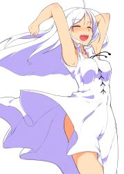 Rule 34 | 1girl, :d, armpits, arms up, blush, bouncing breasts, breasts, closed eyes, commentary request, covered erect nipples, cowboy shot, dress, hi iro, long hair, medium breasts, no panties, open mouth, original, simple background, smile, solo, standing, white background, white dress, white hair