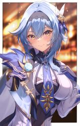 Rule 34 | 1girl, absurdres, black hairband, blue cape, blue gloves, blue hair, blue necktie, blurry, blurry background, blush, border, breasts, cape, covered navel, eula (genshin impact), genshin impact, gloves, hair ornament, hairband, hand on own chest, highres, large breasts, medium hair, necktie, solo, upper body, vic 1223, vision (genshin impact), white border, yellow eyes