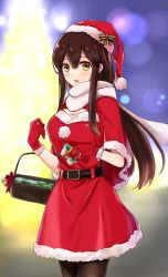 Rule 34 | 1girl, akagi (kancolle), bad id, bad pixiv id, basket, belt, black pantyhose, blush, box, breasts, brown eyes, brown hair, capelet, cleavage, cowboy shot, dress, fur-trimmed dress, fur-trimmed gloves, fur trim, gift, gift box, gloves, hat, highres, kantai collection, large breasts, long hair, looking at viewer, meteor tail28, open mouth, pantyhose, red capelet, red dress, red gloves, santa costume, santa gloves, santa hat, scarf, smile, solo, white scarf