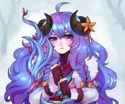 Rule 34 | 1girl, :t, absurdres, ahoge, alternate eye color, alternate hair color, alternate hairstyle, blue hair, blush, braid, curled horns, fingerless gloves, flower, fur (clothing), gloves, hair between eyes, hair flower, hair ornament, hair ribbon, highres, holding, holding weapon, horns, kindred (league of legends), lamb (league of legends), league of legends, long hair, looking at viewer, luxalett, official alternate costume, official alternate hairstyle, outdoors, pink eyes, pout, purple hair, ribbon, side braid, single fingerless glove, solo, spirit blossom kindred, twin braids, twintails, weapon