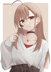 Rule 34 | 1girl, absurdres, ahoge, aran sweater, arata ryou, belt, berry, black choker, brown background, brown eyes, brown hair, cable knit, choker, crossed bangs, double-parted bangs, earrings, food-themed earrings, glasses, hair between eyes, hand up, highres, hololive, hololive english, jewelry, looking at viewer, nanashi mumei, nanashi mumei (casual), necklace, official alternate costume, red shirt, round eyewear, shirt, simple background, smile, sweater, upper body, virtual youtuber, white sweater