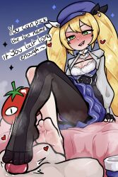 Rule 34 | 1girl, absurdres, black pantyhose, blonde hair, blue hat, blush, caloart30, choker, dokibird (vtuber), dokibird (vtuber) (tomato), dress, english text, feet, fingerless gloves, footjob, footjob over clothes, gloves, green eyes, grey jacket, hair between eyes, hat, highres, indie virtual youtuber, jacket, long hair, long sleeves, open mouth, pantyhose, penis, soles, tomato, twintails, two-footed footjob, very long hair, virtual youtuber