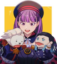 Rule 34 | 1girl, 2boys, belt, black hair, blue eyes, blue hair, bow, bracelet, breasts, commentary request, detached collar, detached sleeves, doll, fate/grand order, fate (series), gloves, gradient hair, happy, hat, helena blavatsky (fate), highres, jewelry, lion, lion boy, lion hair, long hair, long sleeves, looking away, multicolored hair, multiple boys, nikola tesla (fate), open mouth, puppet, purple eyes, purple hair, red gloves, ribbon, short hair, small breasts, smile, solo focus, sosaka, thomas edison (fate), twitter username, two-tone background, upper body, ventriloquism, white background, white gloves, white hair