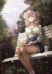 Rule 34 | 10s, 1girl, absurdres, bad id, bad pixiv id, bag, bench, black pantyhose, blouse, blue eyes, blue skirt, book, breasts, casual, coffee cup, collarbone, cup, day, disposable cup, drink, english text, flower, frills, glint, grass, grey hair, grey nails, hair flower, hair ornament, hair ribbon, highres, jewelry, kantai collection, kashima (kancolle), large breasts, leaf, long sleeves, looking at viewer, nail polish, open book, outdoors, pantyhose, parted lips, pendant, pleated skirt, ribbon, riko (ccllnnhh), ring, shirt, sitting, skirt, solo, thighband pantyhose, tree, twintails, wedding band