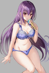 Rule 34 | 1girl, arm support, bad id, bad twitter id, blue bra, blue panties, bow, bow bra, bow panties, bra, breasts, cleavage, fate/grand order, fate (series), food, grey background, groin, harimoji, ice cream, invisible chair, large breasts, panties, purple hair, red eyes, scathach (fate), scathach skadi (fate), sitting, solo, underwear