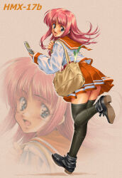 1girl absurdres black_thighhighs blue_eyes cellphone commission flip_phone highres holding holding_phone kouno_harumi_(to_heart) long_sleeves longmei_er_de_tuzi miniskirt open_mouth orange_skirt phone pink_hair pixiv_commission pleated_skirt school_uniform serafuku skirt thighhighs to_heart_(series) to_heart_2 underwear zoom_layer