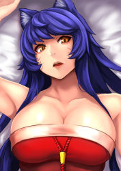 Rule 34 | 1girl, ahri (league of legends), animal ears, arm up, bare shoulders, breasts, brown eyes, cleavage, collarbone, commentary request, fox ears, highres, large breasts, league of legends, long hair, looking at viewer, low neckline, lying, medium breasts, on back, open mouth, parted lips, purple hair, solo, upper body, yashichii