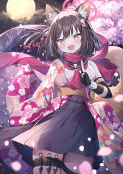 Rule 34 | 1girl, animal ears, blue archive, brown hair, cherry blossoms, collared shirt, cowboy shot, floral print, fox ears, fox girl, fox hair ornament, fox tail, full moon, gloves, halo, highres, holster, izuna (blue archive), japanese clothes, kunai, looking at viewer, moon, neckerchief, night, obi, off shoulder, open mouth, outdoors, partially fingerless gloves, pink neckerchief, pink scarf, pleated skirt, sash, scarf, shirt, short hair, single thighhigh, skirt, smile, solo, tail, thigh holster, thighhighs, topia, visor cap, weapon, white shirt, wrist wrap, yellow eyes
