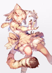Rule 34 | 10s, 1girl, animal ears, bare shoulders, blonde hair, blush, bow, bowtie, cat ears, cat tail, claws, elbow gloves, gloves, highres, katahira (hiyama), kemono friends, open mouth, sand cat (kemono friends), short hair, skirt, sleeveless, striped tail, tail, yellow eyes
