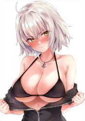 Rule 34 | 1girl, bad id, bad twitter id, bare shoulders, black dress, breasts, cleavage, collarbone, dress, fate/grand order, fate (series), fur trim, grey hair, highres, jeanne d&#039;arc alter (fate), jeanne d&#039;arc alter (ver. shinjuku 1999) (fate), jewelry, large breasts, looking at viewer, marisasu (marisa0904), necklace, off shoulder, open clothes, short hair, solo, white background, yellow eyes