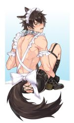 Rule 34 | 1boy, animal ears, apron, ass, ass cutout, bishounen, black footwear, black gloves, black shorts, brown hair, butt crack, clothing cutout, collar, fang, garu (nu carnival), gem, gloves, highres, looking at viewer, looking back, maid apron, maid headdress, male focus, nu carnival, open mouth, scar, scar on arm, scar on back, scar on face, scar on leg, scar on nose, shorts, sitting, spiked collar, spikes, sweatdrop, tail, white collar, wolf boy, wolf ears, wolf tail, yellow eyes, yoture23