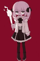 Rule 34 | 1girl, absurdres, ada (iyowa), adipocere (vocaloid), black bow, black footwear, black pantyhose, black ribbon, black skirt, boots, bow, closed mouth, collared shirt, expressionless, fire, frilled skirt, frills, full body, fur-trimmed jacket, fur trim, grey eyes, grey hair, hair bow, highres, holding, holding torch, iyowa girls, jacket, jitome, looking at viewer, open clothes, open jacket, pantyhose, red background, ribbon, shirt, sidelocks, simple background, skirt, solo, standing, torch, twintails, vocaloid, white jacket, white shirt, xiaoxigezitang