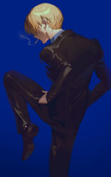 Rule 34 | 1boy, black footwear, black jacket, black pants, blazer, blonde hair, blue background, business suit, cigarette, dress shoes, facing away, fajyobore, formal, hair over one eye, hands in pockets, highres, jacket, male focus, one piece, pants, sanji (one piece), short hair, simple background, solo, standing, standing on one leg, suit