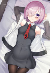 Rule 34 | 1girl, absurdres, arms behind head, arms up, bed sheet, black-framed eyewear, black dress, blush, breasts, brown pantyhose, closed mouth, collared dress, commentary request, covered navel, dress, fate/grand order, fate (series), glasses, hair over one eye, highres, jacket, looking at viewer, mash kyrielight, medium breasts, necktie, ochinsama, off shoulder, open clothes, open jacket, pantyhose, pillow, pink hair, purple eyes, red necktie, short hair, sleeveless, sleeveless dress, smile, solo, white jacket