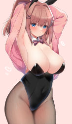 Rule 34 | 1girl, absurdres, animal ears, armpits, arms up, black leotard, black pantyhose, blue eyes, blush, bow, bowtie, breasts, brown hair, cardigan, cleavage, closed mouth, commentary request, covered navel, cowboy shot, detached collar, dot mouth, fake animal ears, fujisaki hikari, hair intakes, hair ornament, hairclip, heart, highres, large breasts, leotard, long hair, looking at viewer, nijisanji, pantyhose, pink background, pink cardigan, playboy bunny, ponytail, rabbit ears, simple background, solo, standing, strapless, strapless leotard, suzuhara lulu, virtual youtuber, x hair ornament