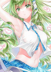 Rule 34 | 1girl, 2022, arm up, armpits, artist name, bare shoulders, blue skirt, blush, breasts, bright pupils, collared shirt, commentary request, crossed bangs, dated, falling petals, floating clothes, floating hair, green eyes, green hair, hair between eyes, hair ornament, kochiya sanae, large breasts, long hair, looking at viewer, marker (medium), navel, nontraditional miko, nordic niku, parted lips, petals, see-through, see-through shirt, shirt, sidelocks, simple background, skirt, sleeveless, sleeveless shirt, snake hair ornament, solo, touhou, traditional media, upper body, very long hair, white background, white shirt