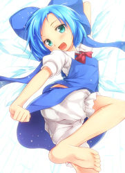 Rule 34 | 1girl, :d, aqua eyes, bad id, bad pixiv id, barefoot, bloomers, blue hair, blue skirt, bow, cirno, fang, feet, gennsuikyou, hair bow, highres, looking at viewer, open mouth, short hair, skirt, smile, soles, solo, toes, touhou, underwear