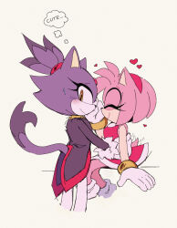 Rule 34 | 2girls, absurdres, ame (beeames), amy rose, blaze the cat, blush, cat girl, cat tail, closed eyes, dress, eyelashes, forehead jewel, furry, furry female, gold necklace, hand on another&#039;s face, hands on another&#039;s hips, heart, highres, jacket, jewelry, multiple girls, necklace, pants, pink dress, pink fur, purple fur, purple jacket, simple background, sitting, sonic (series), sweatdrop, tail, thought bubble, white pants, yellow eyes, yuri