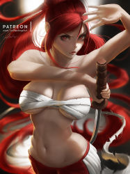 Rule 34 | 1girl, absurdres, arm up, bandages, bandages around chest, bare arms, bare shoulders, breasts, breasts apart, cleavage, cowboy shot, erza scarlet, fairy tail, hair lift, hakama, hakama skirt, highres, holding, holding sword, holding weapon, japanese clothes, katana, large breasts, lolliedrop, long hair, navel, patreon username, ponytail, red eyes, red hair, red hakama, red lips, sarashi, sidelocks, signature, skirt, solo, standing, stomach, sword, very long hair, weapon