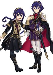 Rule 34 | 1girl, absurdres, age comparison, aged down, aged up, alternate costume, armor, belt, blue hair, boots, braid, cape, crest, ebinku, family crest, fire emblem, fire emblem: three houses, fire emblem awakening, hand on own hip, highres, lucina (fire emblem), nintendo, pantyhose, pauldrons, shoulder armor, standing, standing on one leg, sword, tiara, twin braids, twintails, uniform, weapon