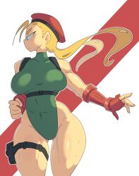 Rule 34 | 1girl, bare legs, bare shoulders, blonde hair, blue eyes, braid, cammy white, covered navel, curvy, fingerless gloves, gloves, green leotard, hat, highleg, highleg leotard, leedraw11, leotard, long hair, looking to the side, red gloves, street fighter, twin braids, very long hair, wide hips