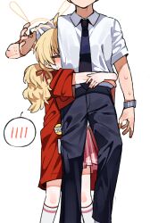 Rule 34 | 1boy, 1girl, absurdres, ahoge, black necktie, black pants, blonde hair, blue archive, blush, hair ribbon, halo, highres, jacket, je o mo, kneehighs, lifting person, long hair, necktie, open clothes, open jacket, pants, pink skirt, pleated skirt, red jacket, red ribbon, ribbon, sensei (blue archive), shirt, simple background, skirt, socks, speech bubble, spoken blush, standing, white background, white shirt, white socks, yellow halo, yoshimi (band) (blue archive), yoshimi (blue archive)