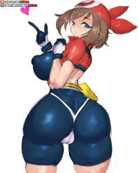Rule 34 | 1girl, ass, blue eyes, breasts, brown hair, cameltoe, cleft of venus, covered erect nipples, creatures (company), game freak, girlsay, gloves, highres, large breasts, may (pokemon), nintendo, pokemon, pokemon rse, thick thighs, thighs, wide hips