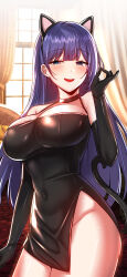 Rule 34 | 1girl, absurdres, animal ears, bare shoulders, black choker, black dress, black gloves, black hairband, blue eyes, breasts, cat ears, cat tail, choker, cleavage, covered navel, cowboy shot, dress, elbow gloves, fake animal ears, gloves, hairband, hand up, highres, large breasts, long hair, looking at viewer, mal poi, no panties, open mouth, original, purple hair, short dress, side slit, sleeveless, sleeveless dress, smile, solo, spaghetti strap, squinting, standing, tail, thighs