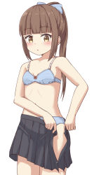 Rule 34 | 1girl, bare arms, bare shoulders, black skirt, blue bow, blue bra, blue panties, blunt bangs, blush, bow, bow bra, bow panties, bra, breasts, brown eyes, brown hair, collarbone, commentary request, dressing, hair bow, high ponytail, highres, long hair, looking at viewer, navel, no shoes, open clothes, open skirt, original, panties, parted lips, pleated skirt, ponytail, sidelocks, simple background, skirt, small breasts, solo, standing, striped bra, striped clothes, striped panties, takasuma hiro, underwear, white background