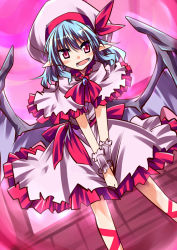 Rule 34 | 1girl, ascot, bat wings, blue hair, blush, bow, brooch, capelet, curiosities of lotus asia, hat, hat bow, hemogurobin a1c, jewelry, open mouth, pointy ears, red eyes, remilia scarlet, solo, thigh strap, touhou, wings, wrist cuffs