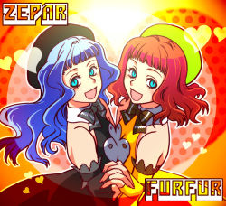 00s :d blue_eyes blue_hair character_name crossdressing furfur holding_hands hat heart long_hair mgk968 open_mouth red_hair smile trap umineko_no_naku_koro_ni zepar