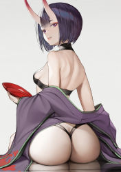 Rule 34 | 1girl, absurdres, ass, ass focus, bare shoulders, bob cut, breasts, cup, eyeliner, fate/grand order, fate (series), highres, horns, japanese clothes, kimono, makeup, medium breasts, nyatabe, oni, open clothes, open kimono, parted lips, purple eyes, purple hair, purple kimono, revealing clothes, sakazuki, short hair, shuten douji (fate), sideboob, sitting, skin-covered horns, skindentation, smile, solo