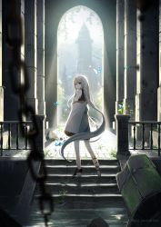 Rule 34 | 1girl, ankle cuffs, azuazu 0405, bare shoulders, bug, building, butterfly, chain, highres, insect, long hair, looking at viewer, original, red eyes, ruins, silver hair, solo, standing, very long hair