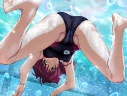 Rule 34 | 1girl, barefoot, bracelet, bubble, cameltoe, competition swimsuit, crotch, feet, game cg, green eyes, hanabana no omohi..., jewelry, joy ride, legs, long hair, looking back, non-web source, one-piece swimsuit, partially visible vulva, pool, purple hair, sakurai waka, spread legs, swimming, swimsuit, toes, underwater, upside-down