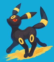 Rule 34 | blue background, closed mouth, commentary request, creatures (company), dated, full body, game freak, gen 2 pokemon, highres, kikuyoshi (tracco), looking at viewer, nintendo, no humans, orange eyes, pokemon, pokemon (creature), signature, solo, toes, umbreon