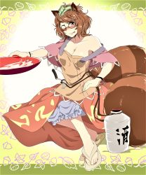 Rule 34 | 1girl, absurdres, alcohol, animal ears, blush, breasts, brown eyes, brown hair, brown shirt, brown skirt, cleavage, closed mouth, cup, flip-flops, full body, futatsuiwa mamizou, glasses, gourd, highres, holding, holding cup, leaf, leaf on head, looking at viewer, muzumo, one eye closed, raccoon ears, raccoon girl, raccoon tail, sandals, shirt, short hair, short sleeves, skirt, solo, tail, toes, tongue, tongue out, touhou, wine