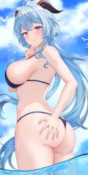 Rule 34 | 1girl, absurdres, ahoge, alternate costume, ass, ass grab, back, bare arms, bare shoulders, bikini, bird, blue bikini, blue hair, blue sky, blush, breasts, butt crack, closed mouth, cloud, commentary request, floating hair, from side, ganyu (genshin impact), genshin impact, goat horns, grabbing own ass, highres, horns, large breasts, long hair, looking at viewer, partially underwater shot, ponytail, ronnie z, sideboob, sidelocks, skindentation, sky, smile, solo, strap gap, string bikini, swimsuit, thighs, wading, water, wet
