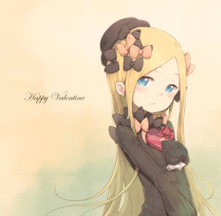 Rule 34 | 1girl, abigail williams (fate), absurdres, black bow, black dress, black hat, blonde hair, blue eyes, bow, box, breasts, daisi gi, dress, fate/grand order, fate (series), forehead, gift, gift box, hair bow, happy valentine, hat, heart-shaped box, highres, long hair, long sleeves, multiple bows, orange bow, parted bangs, polka dot, polka dot bow, ribbed dress, sleeves past fingers, sleeves past wrists, small breasts, solo