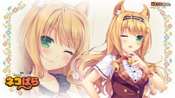 Rule 34 | 10s, 1girl, ;3, animal ears, bell, blonde hair, blush, border, bow, bowtie, cat ears, cat tail, copyright name, floral background, gradient background, green eyes, hand on own chin, headdress, highres, jingle bell, long hair, looking at viewer, maple (nekopara), nekopara, one eye closed, open mouth, sayori (neko works), slit pupils, solo, tail, wallpaper, wink, zoom layer