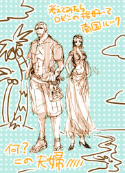 Rule 34 | 1boy, 1girl, breasts, center opening, crop top, eyewear on head, franky (one piece), full body, glasses, hair slicked back, hand on own hip, long hair, long skirt, midriff, navel, nico robin, one piece, open clothes, open shirt, outdoors, sandals, sarong, shirt, shoes, short sleeves, shorts, skirt, standing, sunglasses